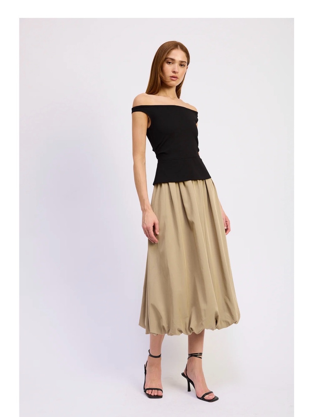 En Saison Khaki Balloon-Hem Midi Skirt